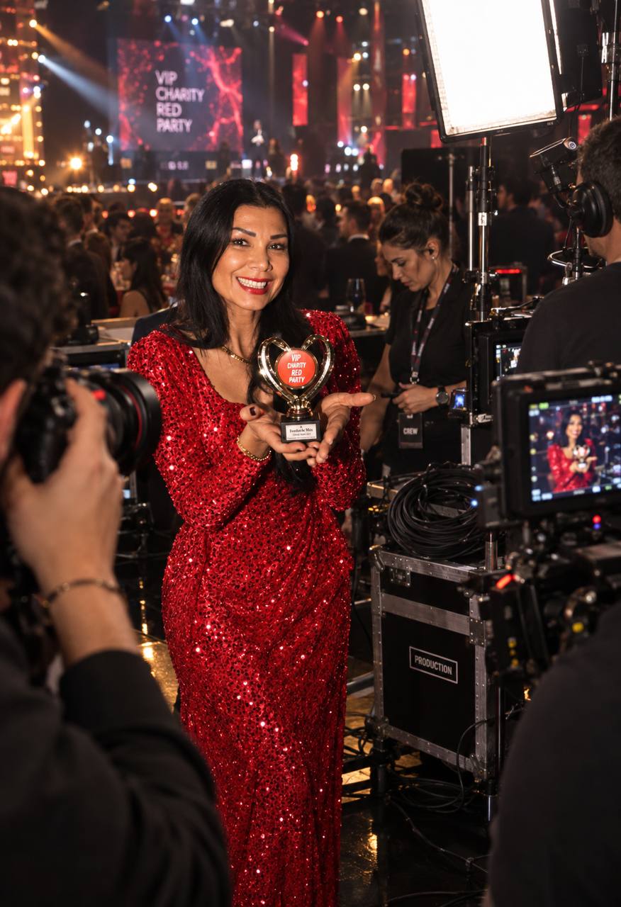 Souhaila Mia in abito rosso con il riconoscimento VIP Charity Red Party
