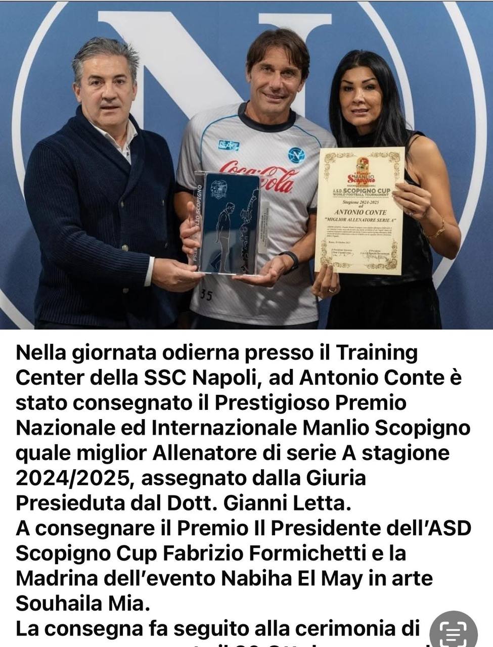 Articolo sulla consegna del Premio Manlio Scopigno ad Antonio Conte